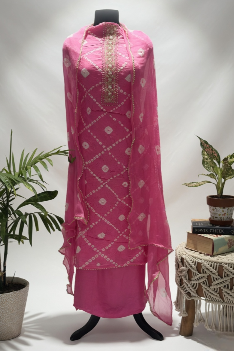 Pink Bandhani Unstitched Suit Set with Hand Embroidery and Dupatta - Image 2