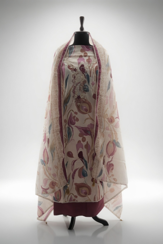 Blush Garden Mul Cotton Unstitched Suit Set with Embroidered Neck & Dupatta - Image 2