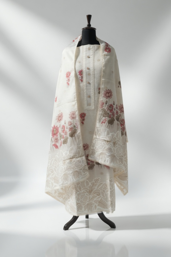 Ivory Bloom Cotton Linen Unstitched Suit Set with Printed Dupatta - Image 2