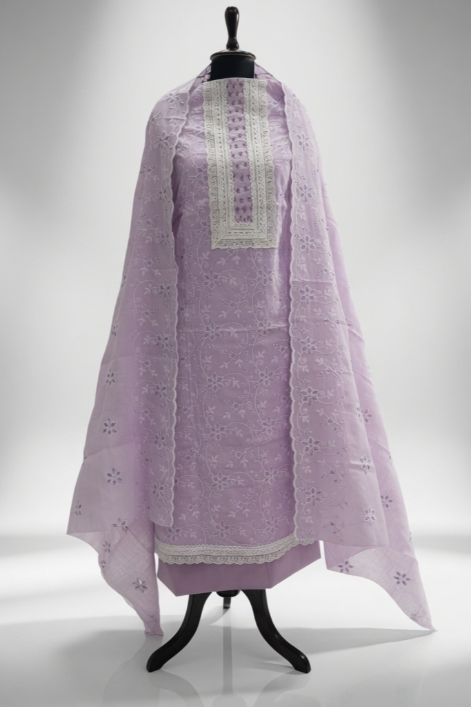 Lavender Grace Cotton Unstitched Suit Set with Thread Embroidery & Embroidered Dupatta - Image 2