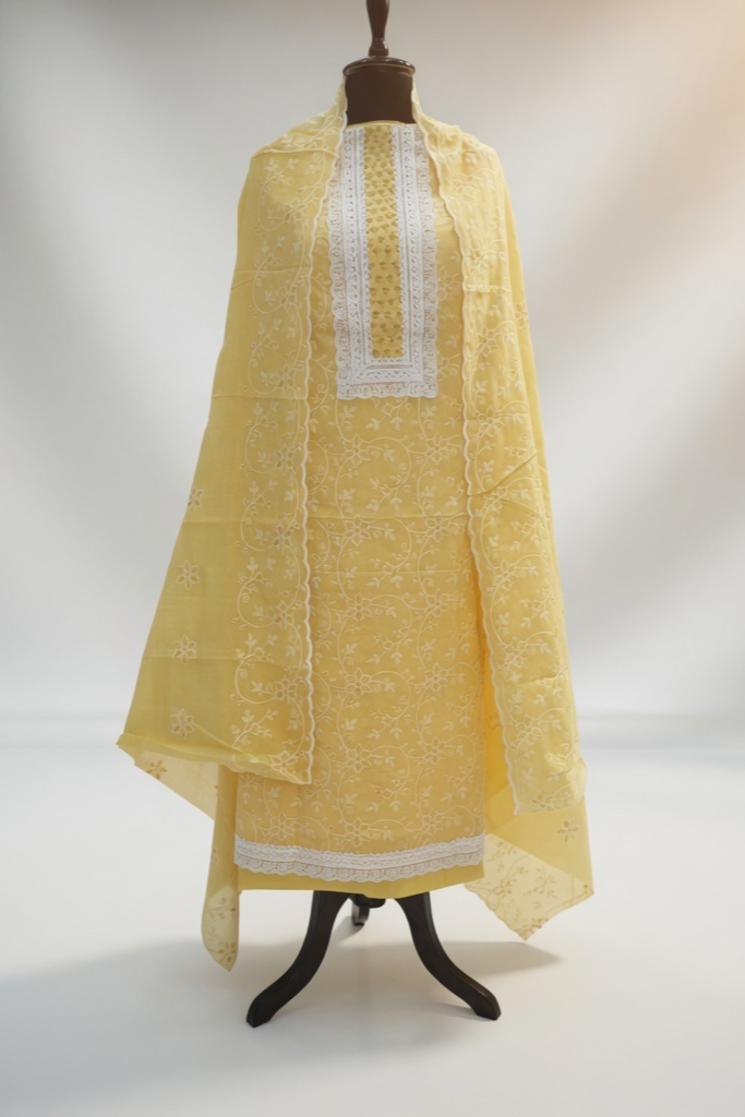 Lemon/Yellow Grace Cotton Unstitched Suit Set with Thread Embroidery & Embroidered Dupatta - Image 2