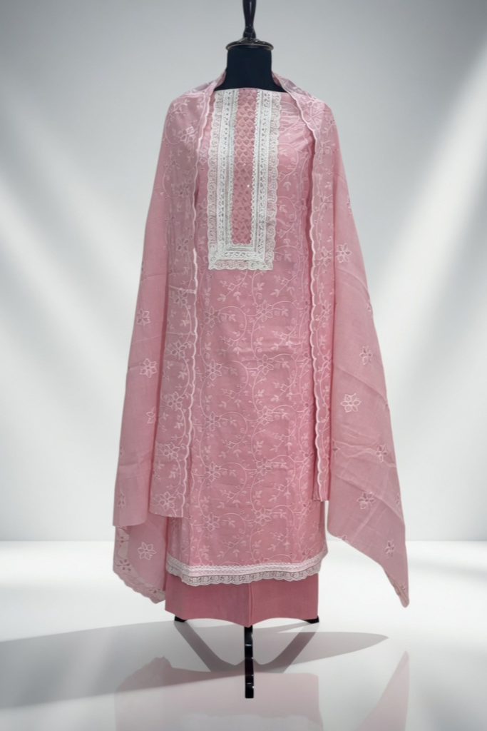 Lemon/Yellow Grace Cotton Unstitched Suit Set with Thread Embroidery & Embroidered Dupatta - Image 2