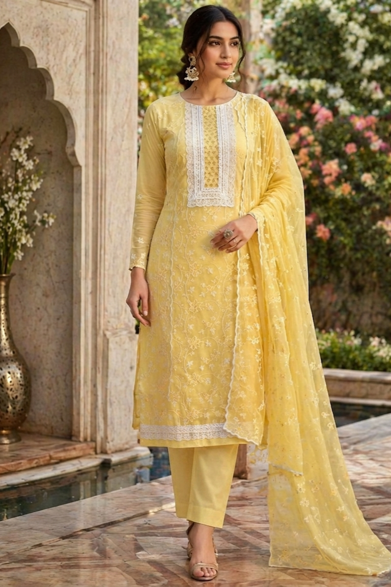 Lemon/Yellow Grace Cotton Unstitched Suit Set with Thread Embroidery & Embroidered Dupatta