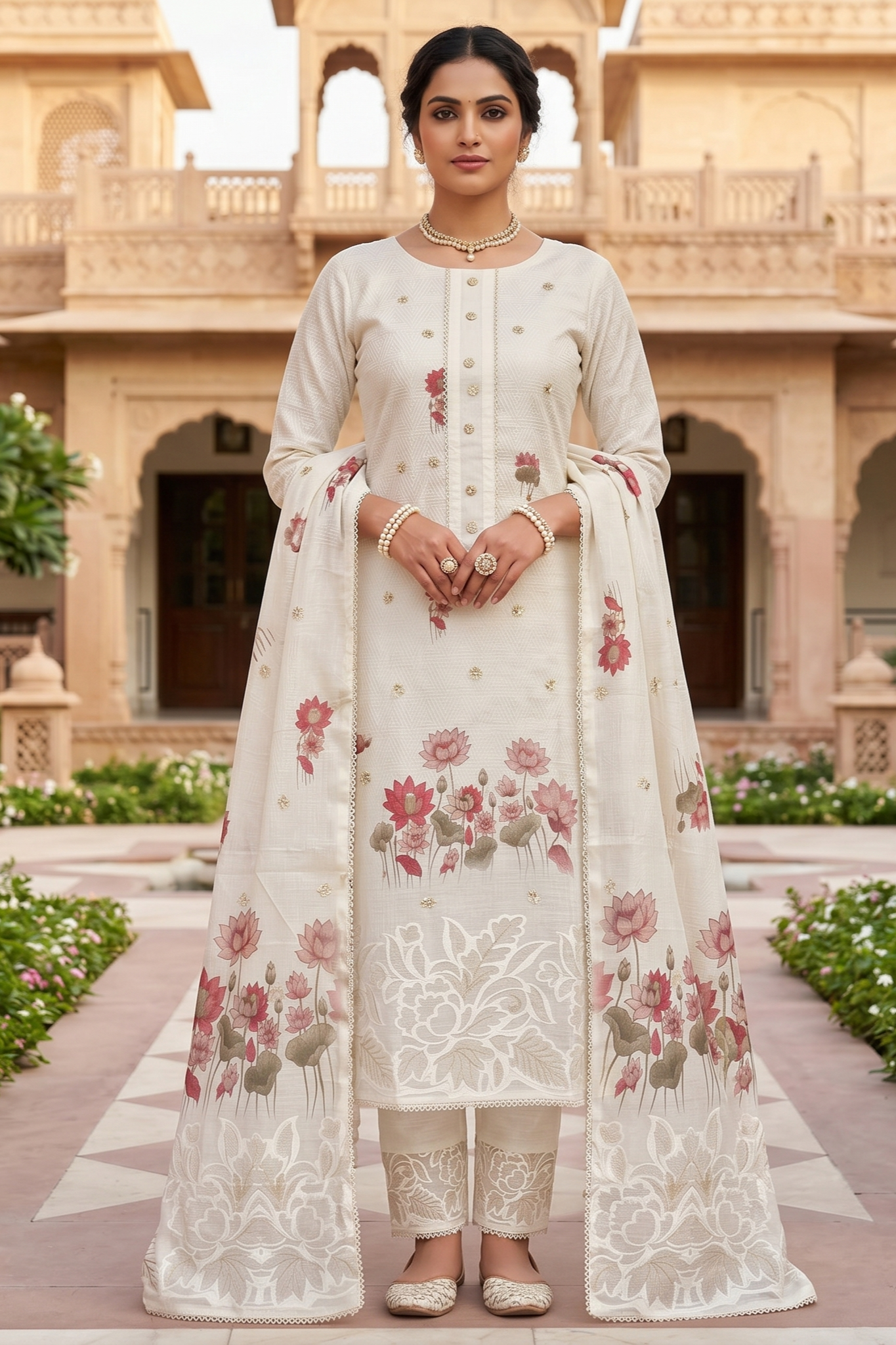 Ivory Bloom Cotton Linen Unstitched Suit Set with Printed Dupatta