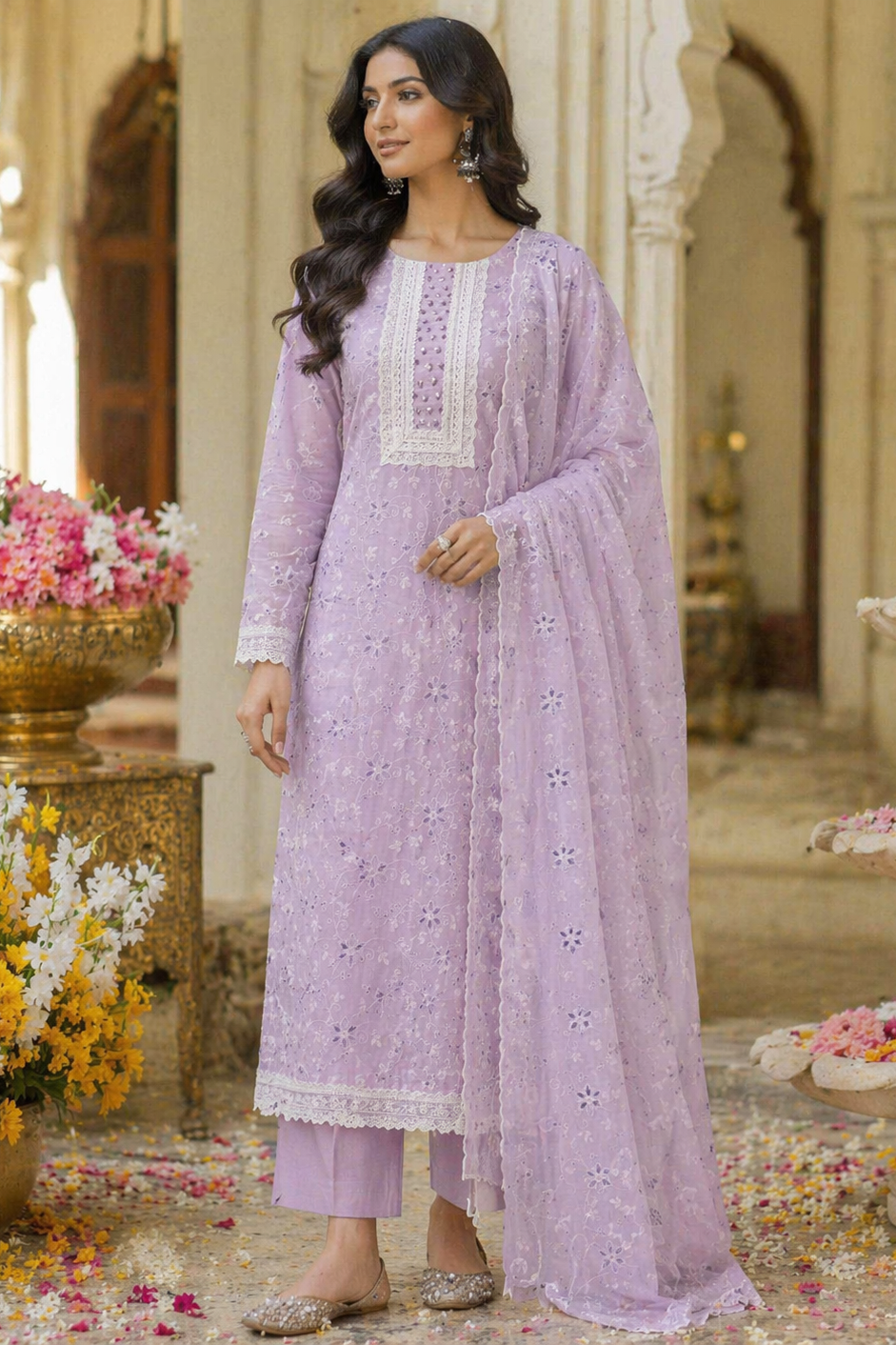 Lavender Grace Cotton Unstitched Suit Set with Thread Embroidery & Embroidered Dupatta