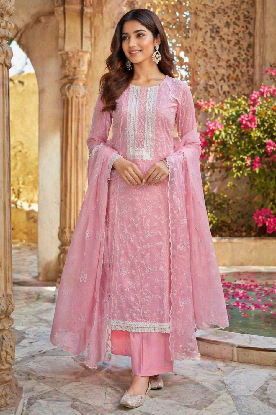 Lemon/Yellow Grace Cotton Unstitched Suit Set with Thread Embroidery & Embroidered Dupatta