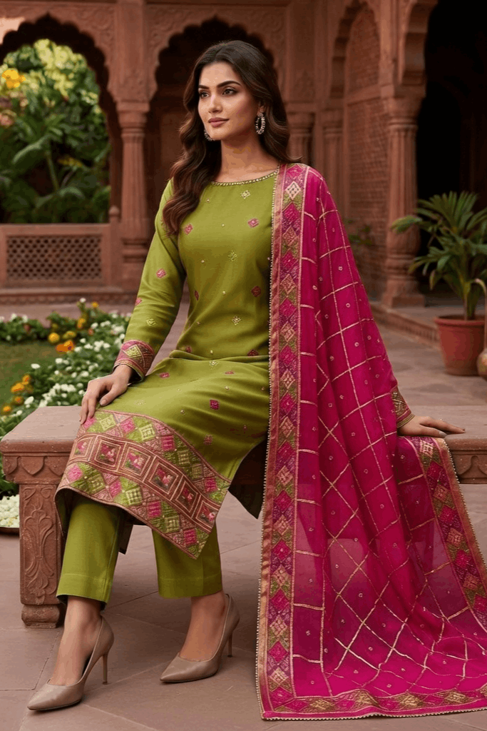 Green Phulkari Suit with Pink Phulkari dupatta - Image 4
