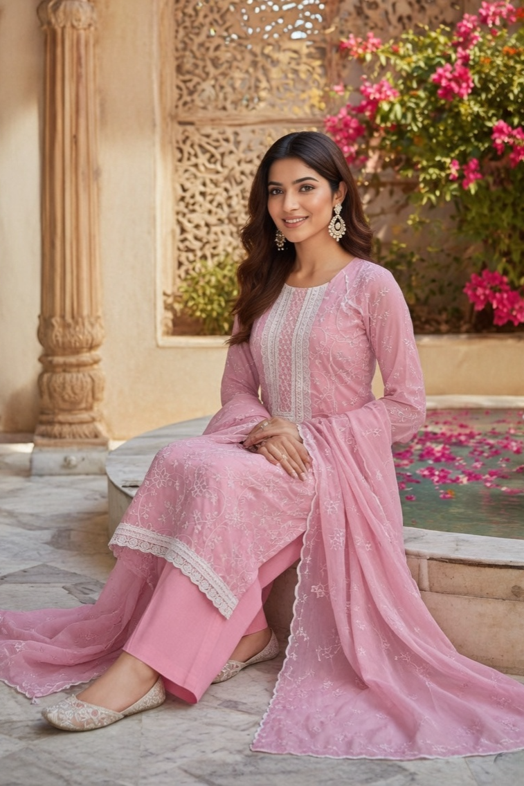 Lemon/Yellow Grace Cotton Unstitched Suit Set with Thread Embroidery & Embroidered Dupatta - Image 6