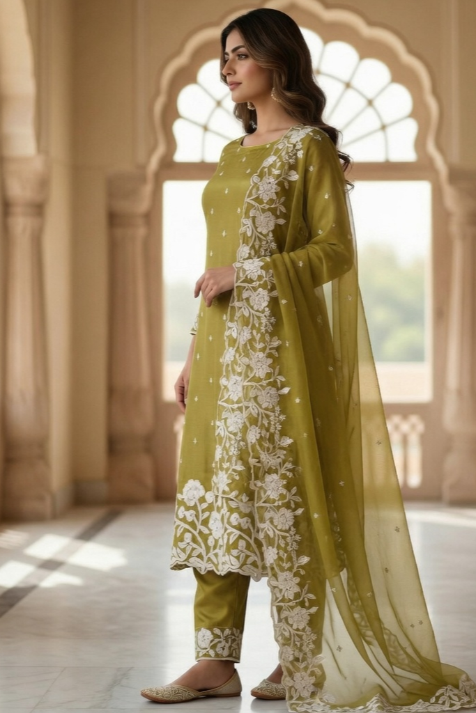 Green Chinon Suit with Heavy Thread work Embroidery with matching Dupatta - Image 2