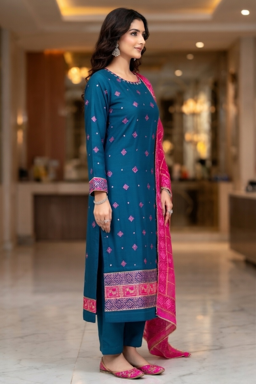 Teal Blue Phulkari Suit with Pink Phulkari dupatta - Image 2