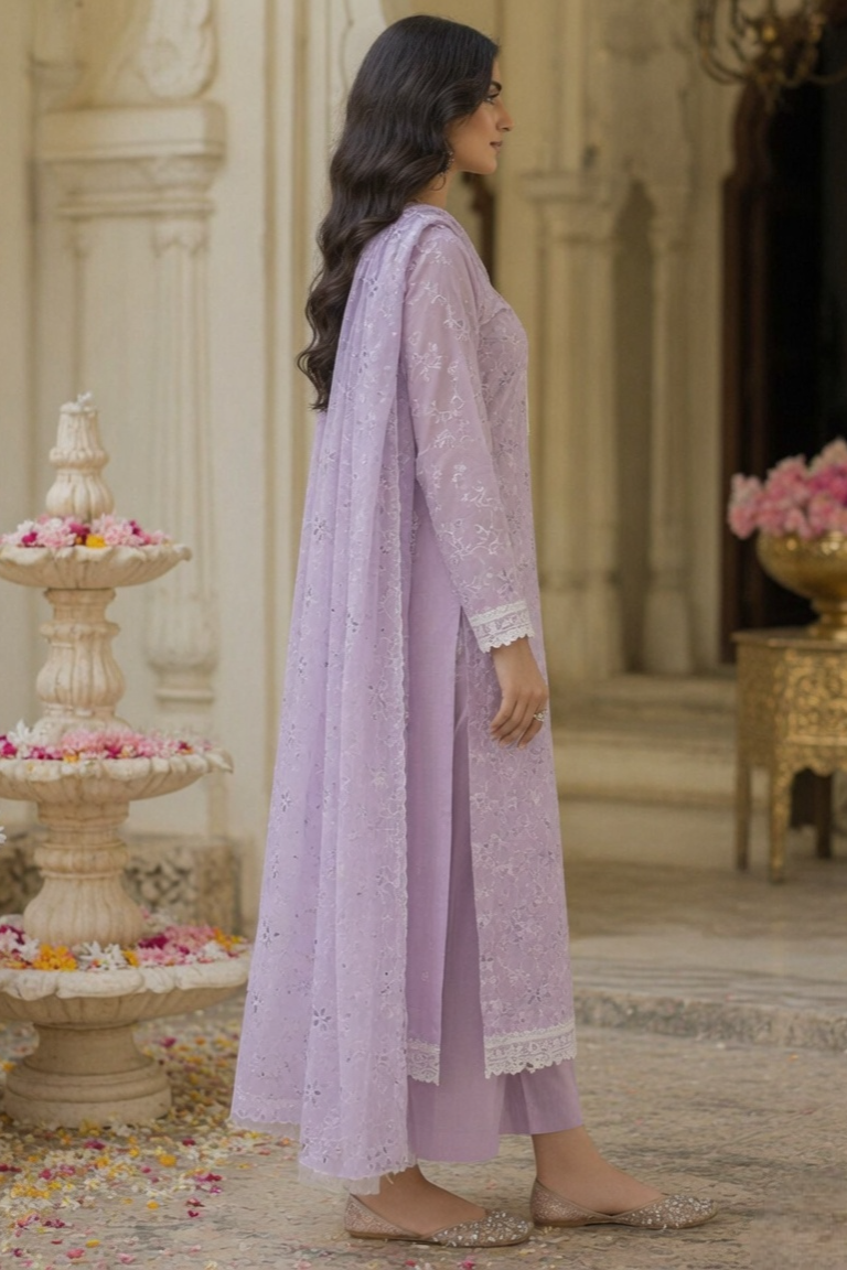 Lavender Grace Cotton Unstitched Suit Set with Thread Embroidery & Embroidered Dupatta - Image 5