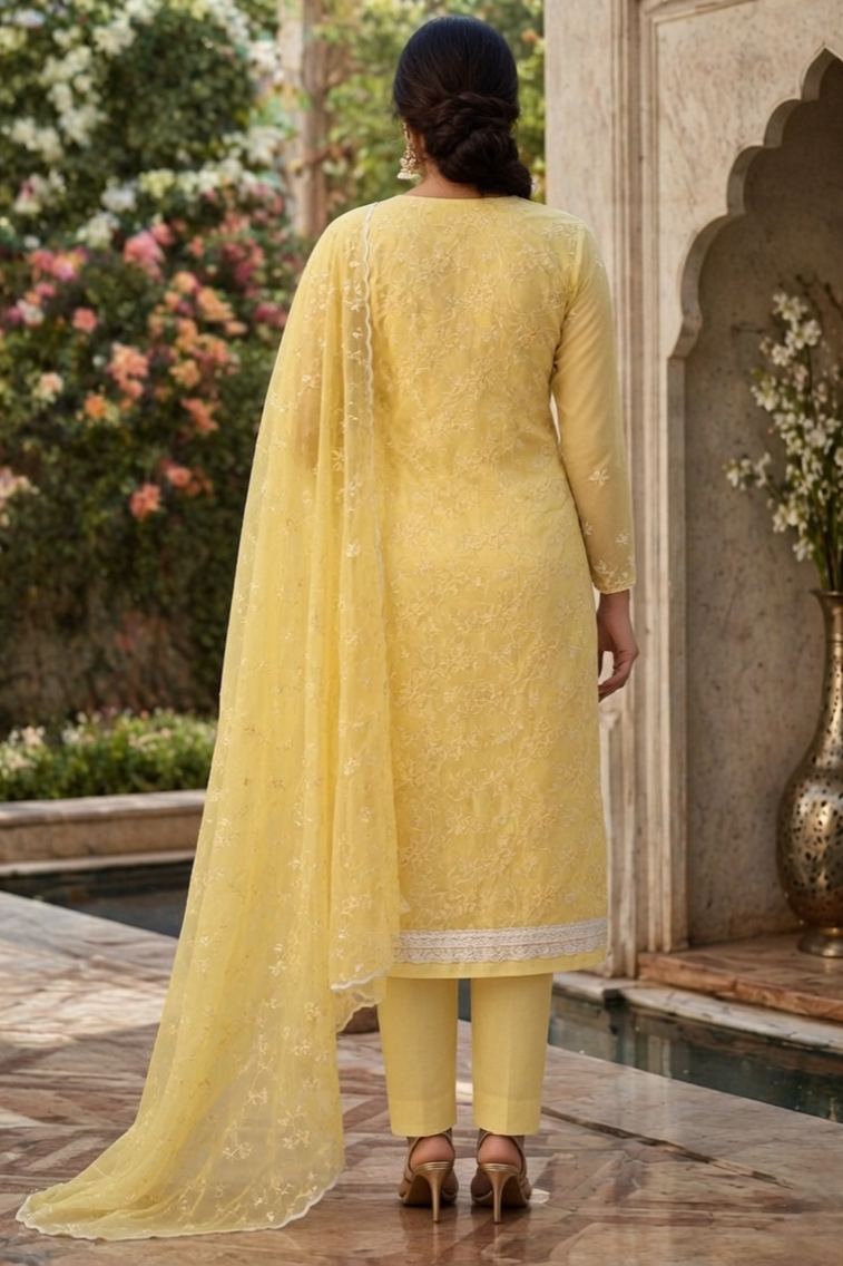 Lemon/Yellow Grace Cotton Unstitched Suit Set with Thread Embroidery & Embroidered Dupatta - Image 7