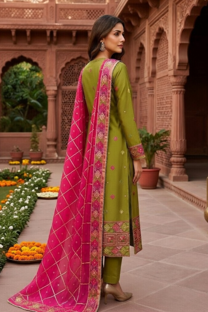 Green Phulkari Suit with Pink Phulkari dupatta - Image 3
