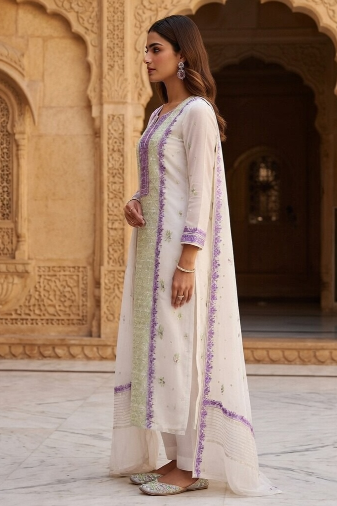 White Chanderi with Chikankari Suit with dupatta - Image 2