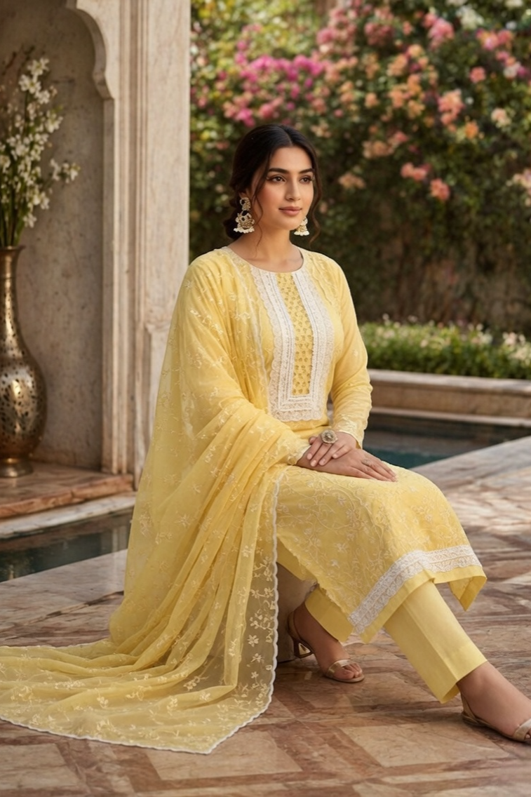 Lemon/Yellow Grace Cotton Unstitched Suit Set with Thread Embroidery & Embroidered Dupatta - Image 6