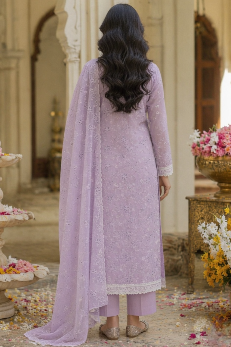 Lavender Grace Cotton Unstitched Suit Set with Thread Embroidery & Embroidered Dupatta - Image 7