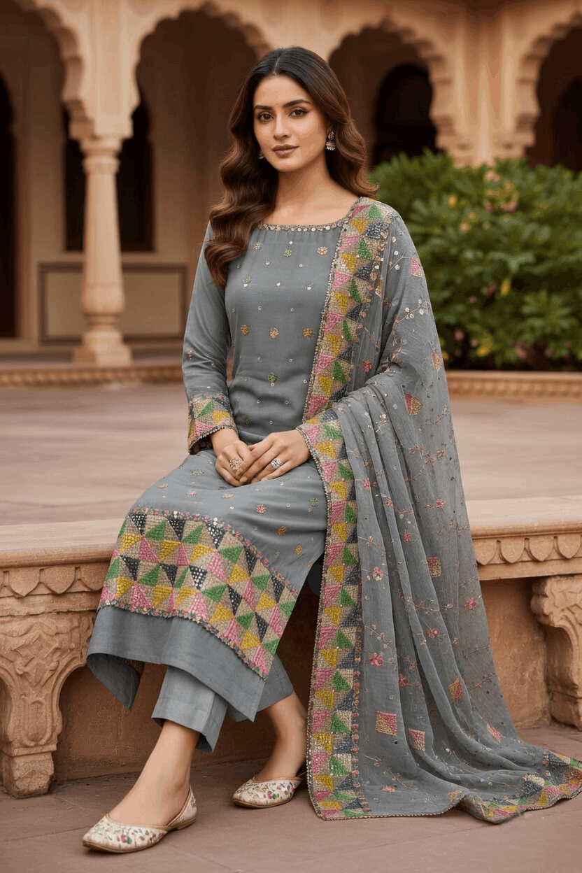 Grey Full Crepe, Phulkari Suit with Match Phulkari dupatta - Image 4