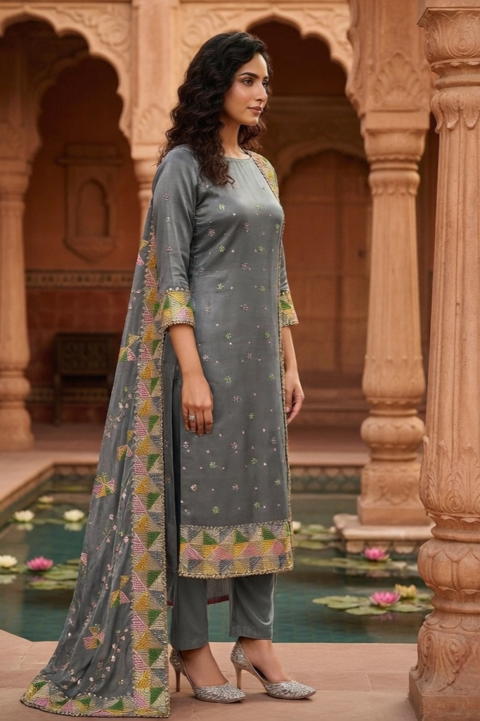 Grey Full Crepe, Phulkari Suit with Match Phulkari dupatta - Image 3