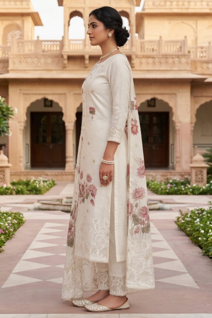 Ivory Bloom Cotton Linen Unstitched Suit Set with Printed Dupatta - Image 5