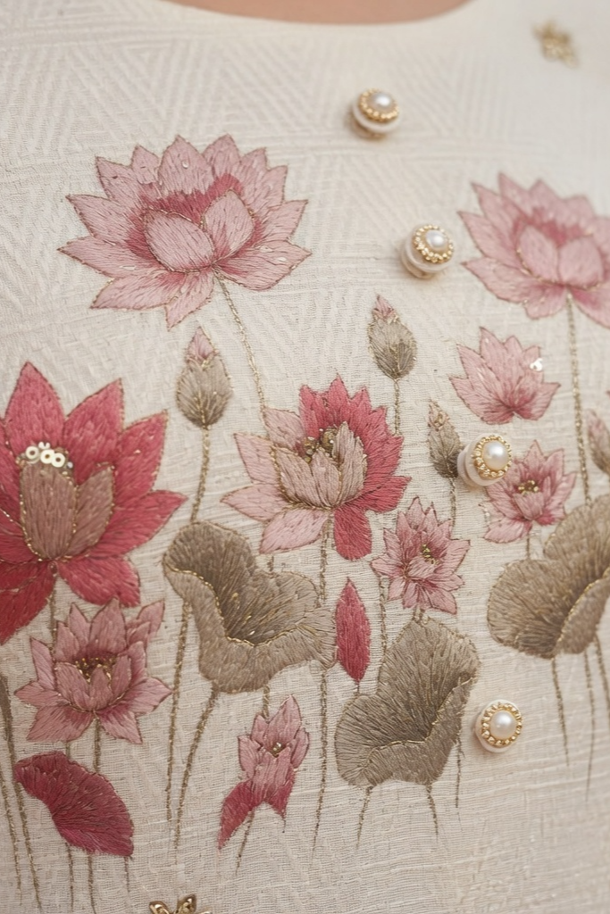 Ivory Bloom Cotton Linen Unstitched Suit Set with Printed Dupatta - Image 3