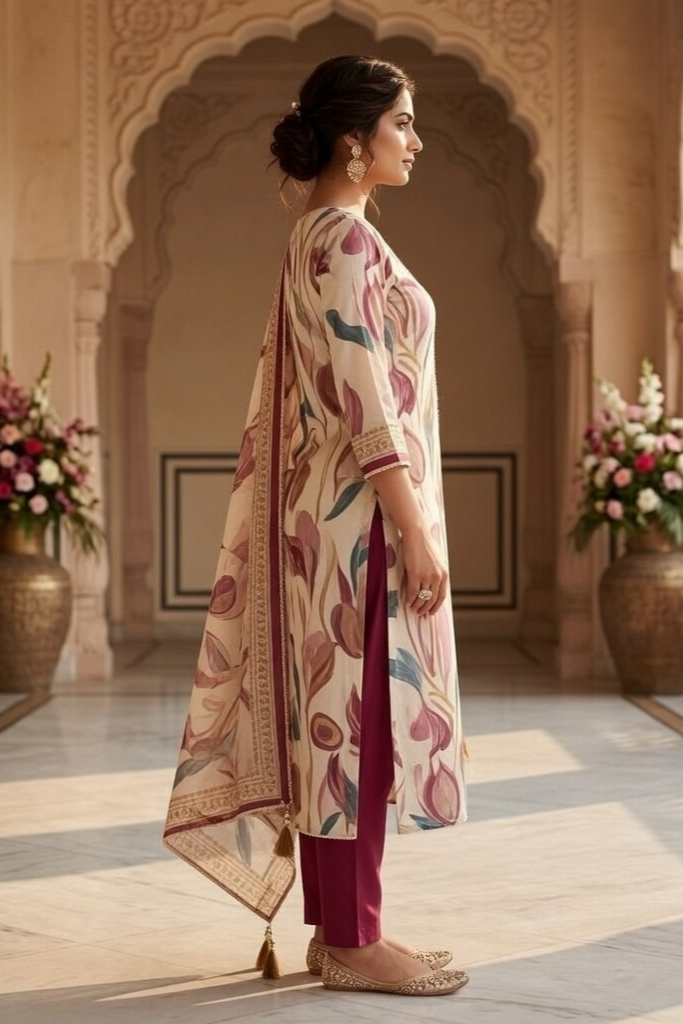 Blush Garden Mul Cotton Unstitched Suit Set with Embroidered Neck & Dupatta - Image 5