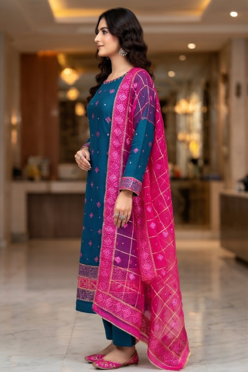 Teal Blue Phulkari Suit with Pink Phulkari dupatta - Image 3