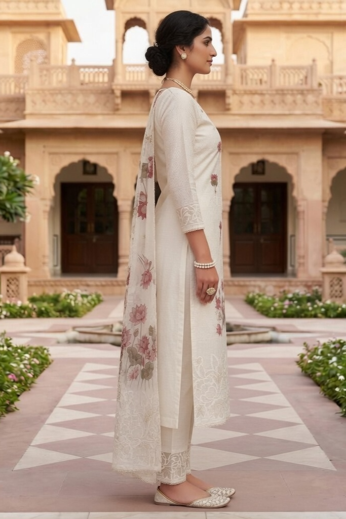Ivory Bloom Cotton Linen Unstitched Suit Set with Printed Dupatta - Image 4
