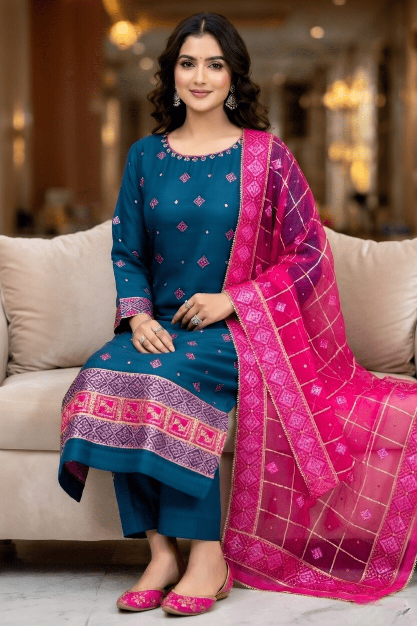 Teal Blue Phulkari Suit with Pink Phulkari dupatta - Image 4