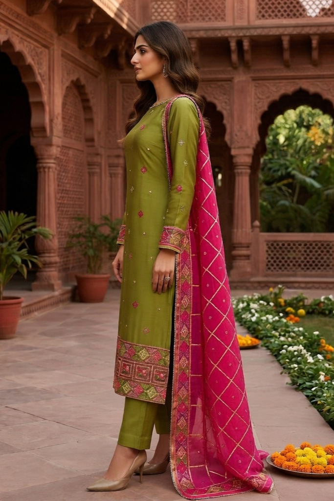 Green Phulkari Suit with Pink Phulkari dupatta - Image 2