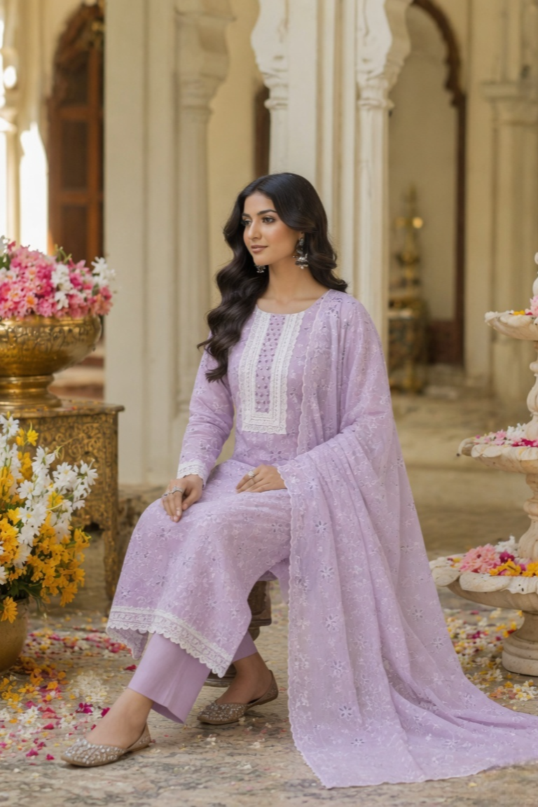 Lavender Grace Cotton Unstitched Suit Set with Thread Embroidery & Embroidered Dupatta - Image 6