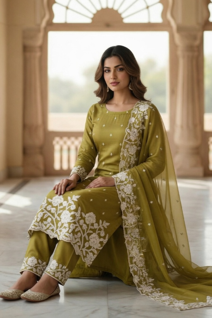 Green Chinon Suit with Heavy Thread work Embroidery with matching Dupatta - Image 4