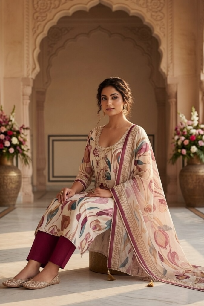 Blush Garden Mul Cotton Unstitched Suit Set with Embroidered Neck & Dupatta - Image 6