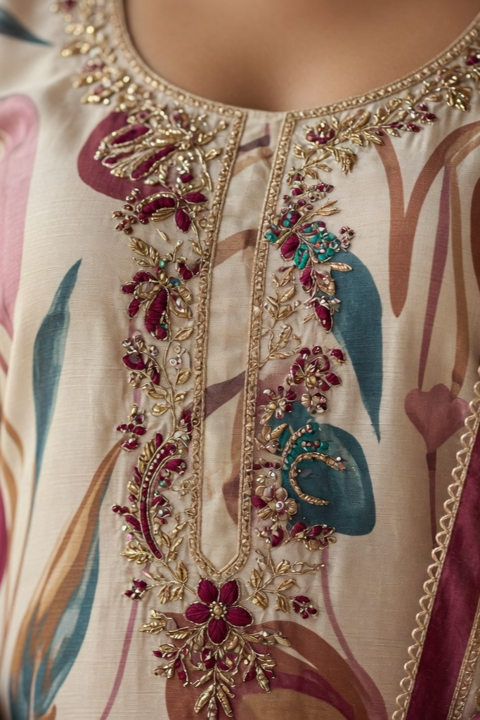 Blush Garden Mul Cotton Unstitched Suit Set with Embroidered Neck & Dupatta - Image 3