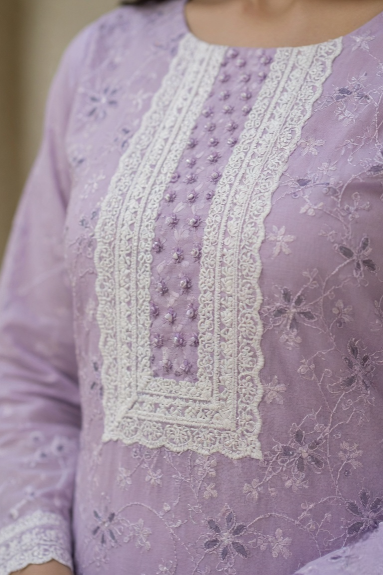 Lavender Grace Cotton Unstitched Suit Set with Thread Embroidery & Embroidered Dupatta - Image 3