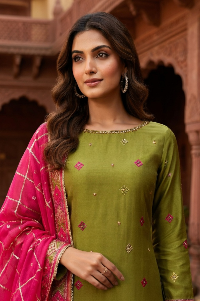 Green Phulkari Suit with Pink Phulkari dupatta - Image 6