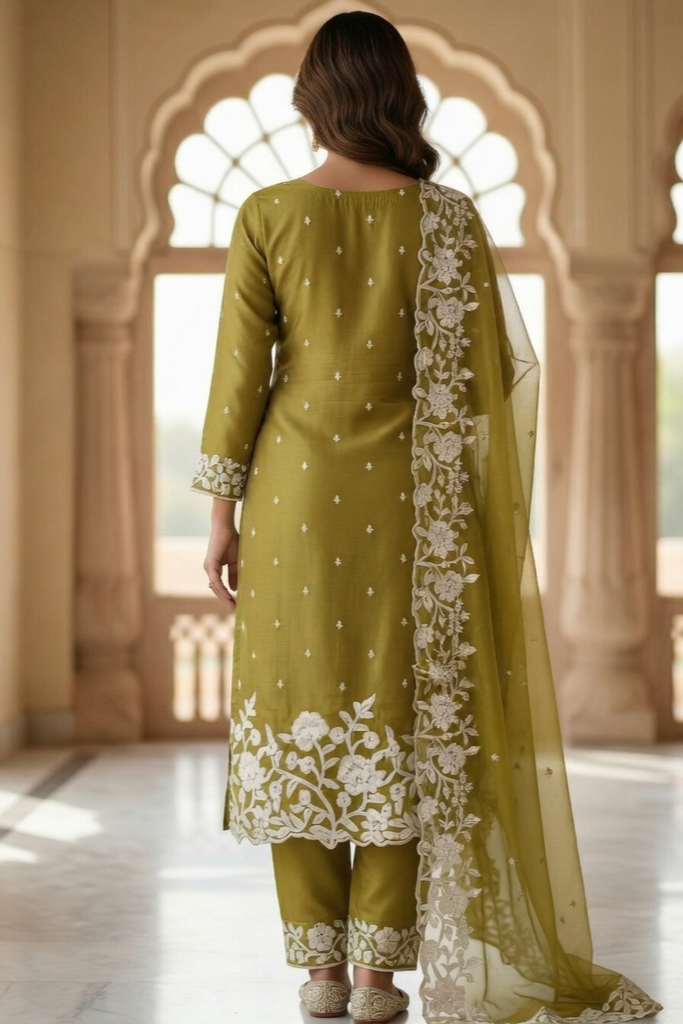 Green Chinon Suit with Heavy Thread work Embroidery with matching Dupatta - Image 5