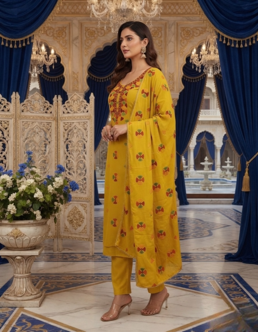 Mustard Crepe embroidered Suit with Phulkari dupatta - Image 3
