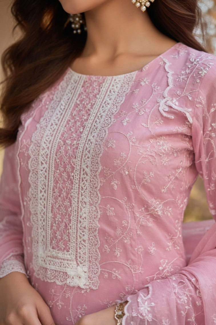 Lemon/Yellow Grace Cotton Unstitched Suit Set with Thread Embroidery & Embroidered Dupatta - Image 3