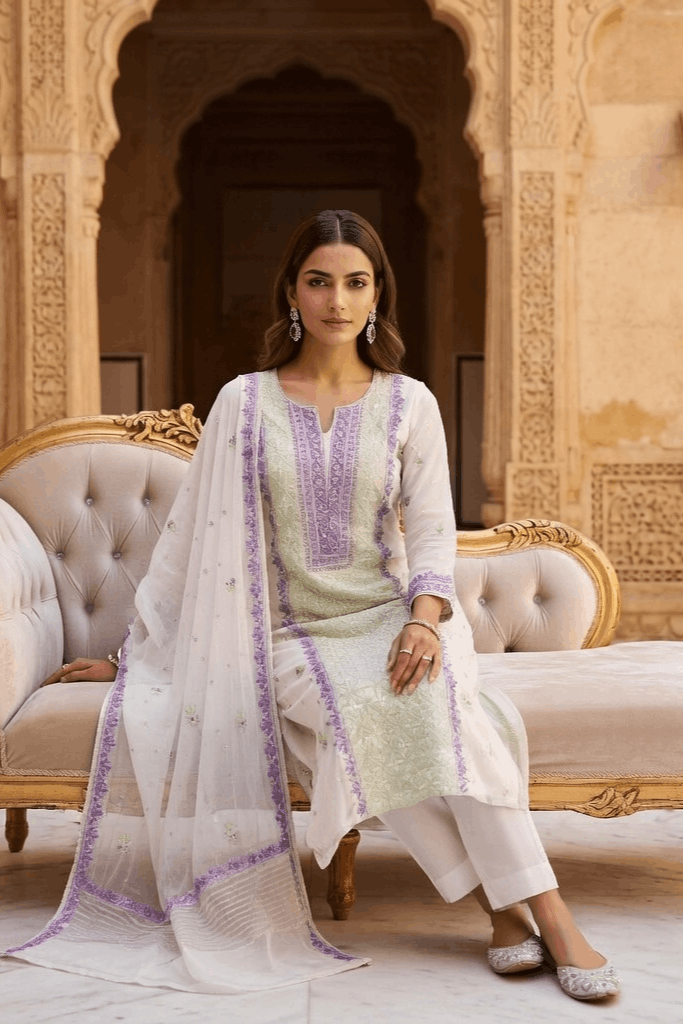 White Chanderi with Chikankari Suit with dupatta - Image 4
