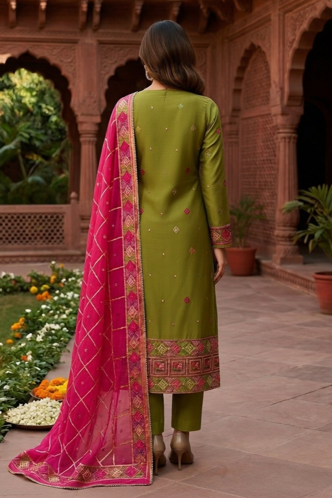 Green Phulkari Suit with Pink Phulkari dupatta - Image 5