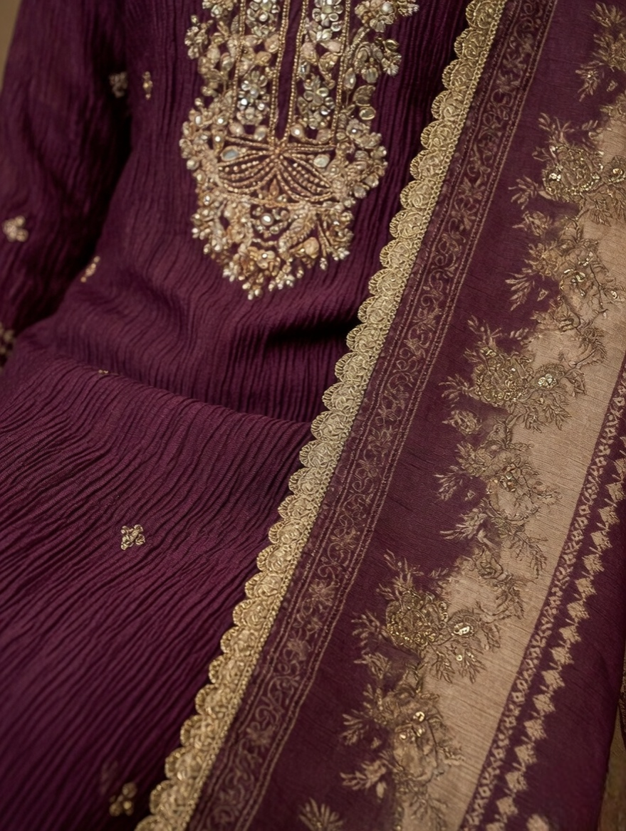 Wine Crushed tissue suit with Embroidery and Printed Dupatta - Image 6