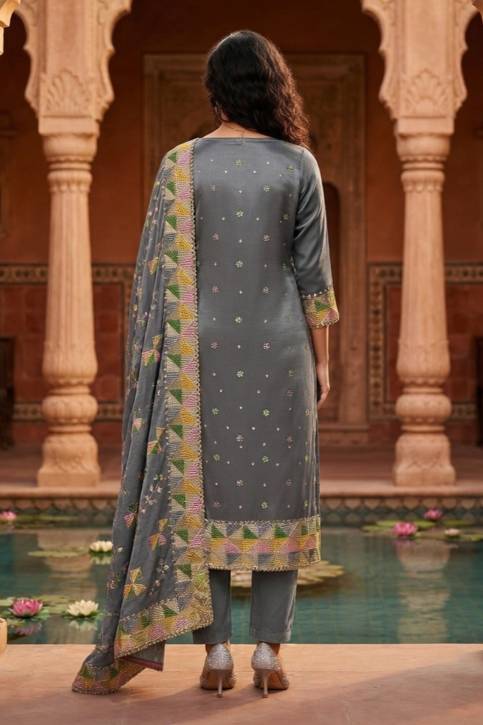 Grey Full Crepe, Phulkari Suit with Match Phulkari dupatta - Image 5