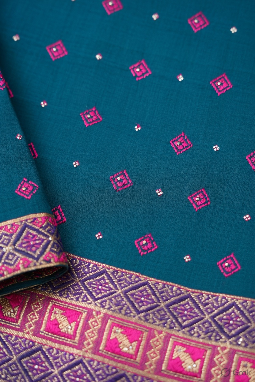 Teal Blue Phulkari Suit with Pink Phulkari dupatta - Image 6