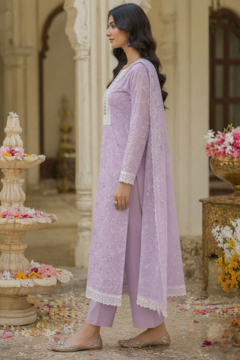 Lavender Grace Cotton Unstitched Suit Set with Thread Embroidery & Embroidered Dupatta - Image 4