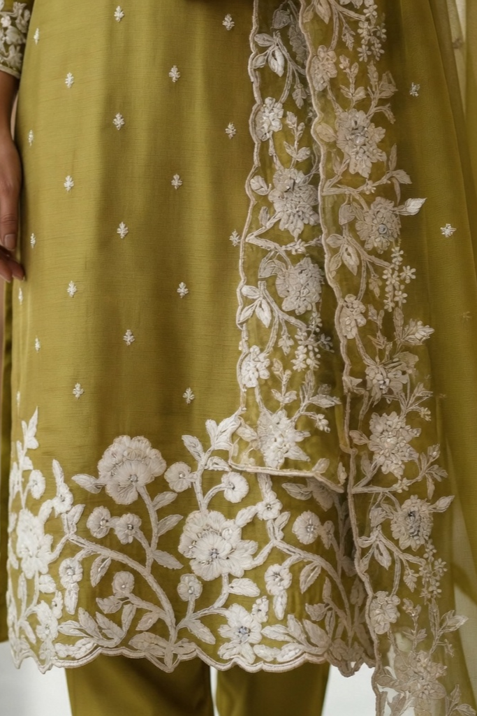Green Chinon Suit with Heavy Thread work Embroidery with matching Dupatta - Image 6