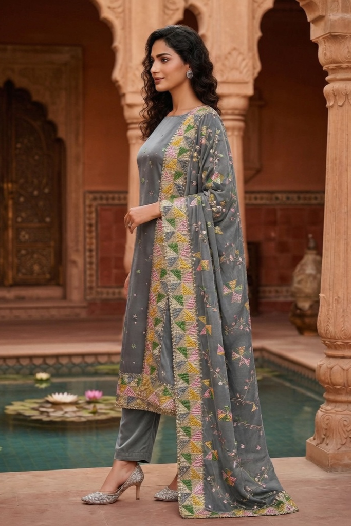Grey Full Crepe, Phulkari Suit with Match Phulkari dupatta - Image 2