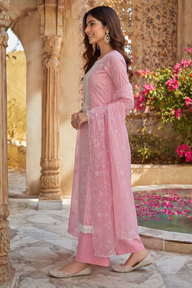 Lemon/Yellow Grace Cotton Unstitched Suit Set with Thread Embroidery & Embroidered Dupatta - Image 4