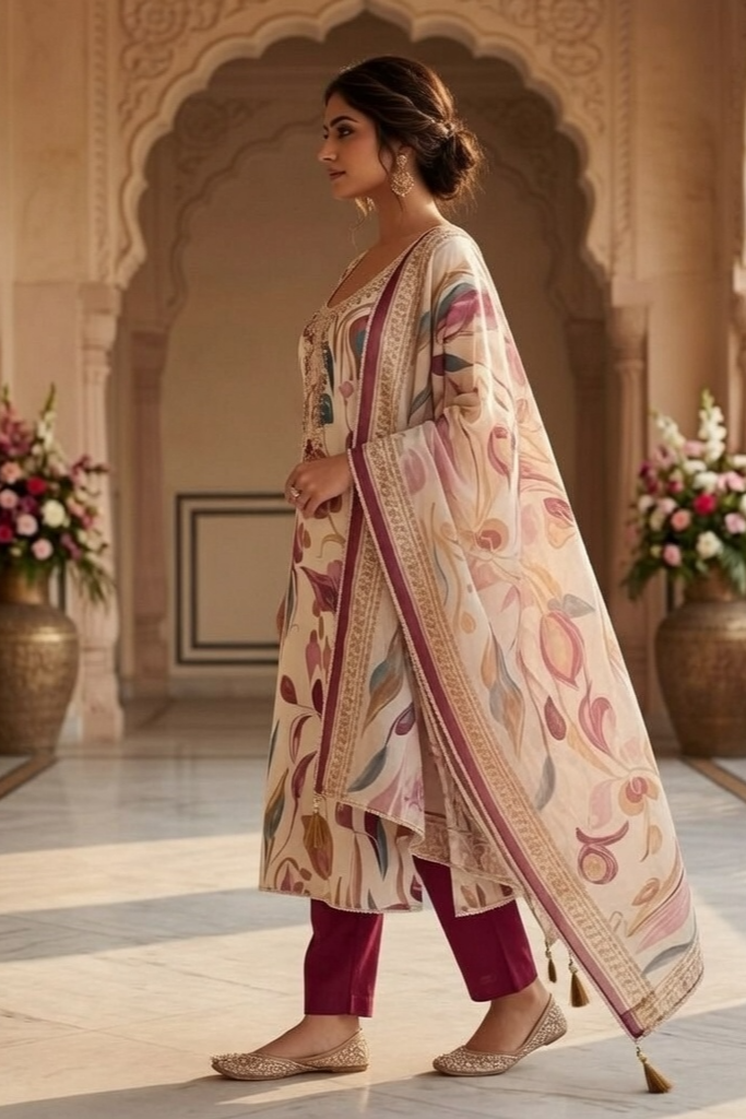 Blush Garden Mul Cotton Unstitched Suit Set with Embroidered Neck & Dupatta - Image 4