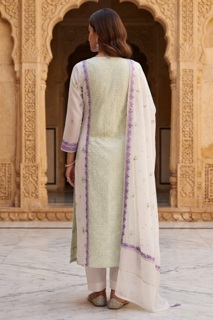 White Chanderi with Chikankari Suit with dupatta - Image 5