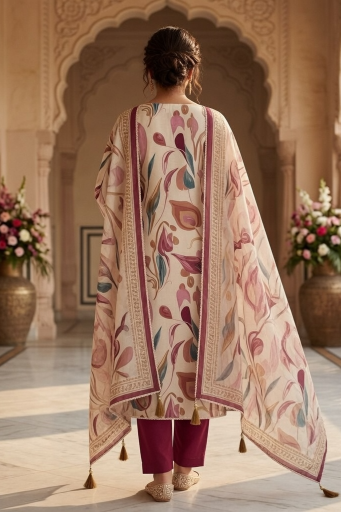 Blush Garden Mul Cotton Unstitched Suit Set with Embroidered Neck & Dupatta - Image 7